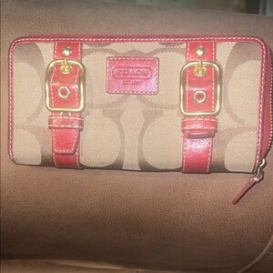 Coach Signature Zip Wallet in Red and Tan Canvas